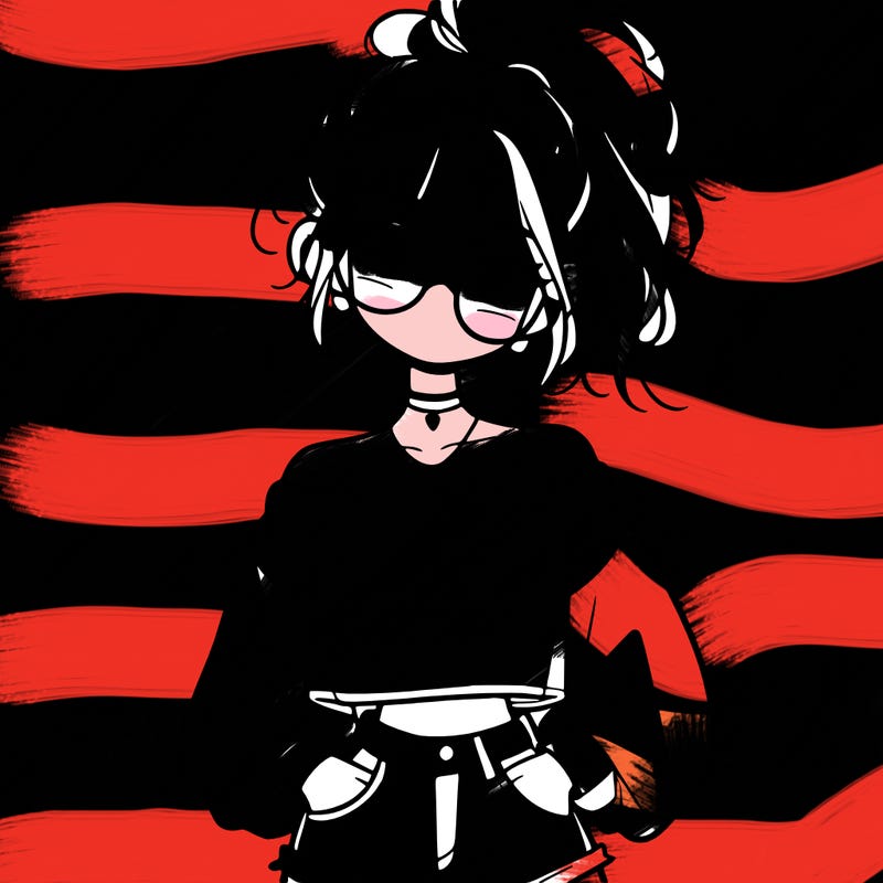 girl with a messy ponytail glasses a baggy crop top and jean shorts