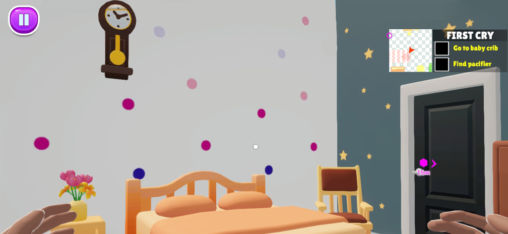 First person view of a virtual bedroom in Mom Simulator with a mission to find a pacifier