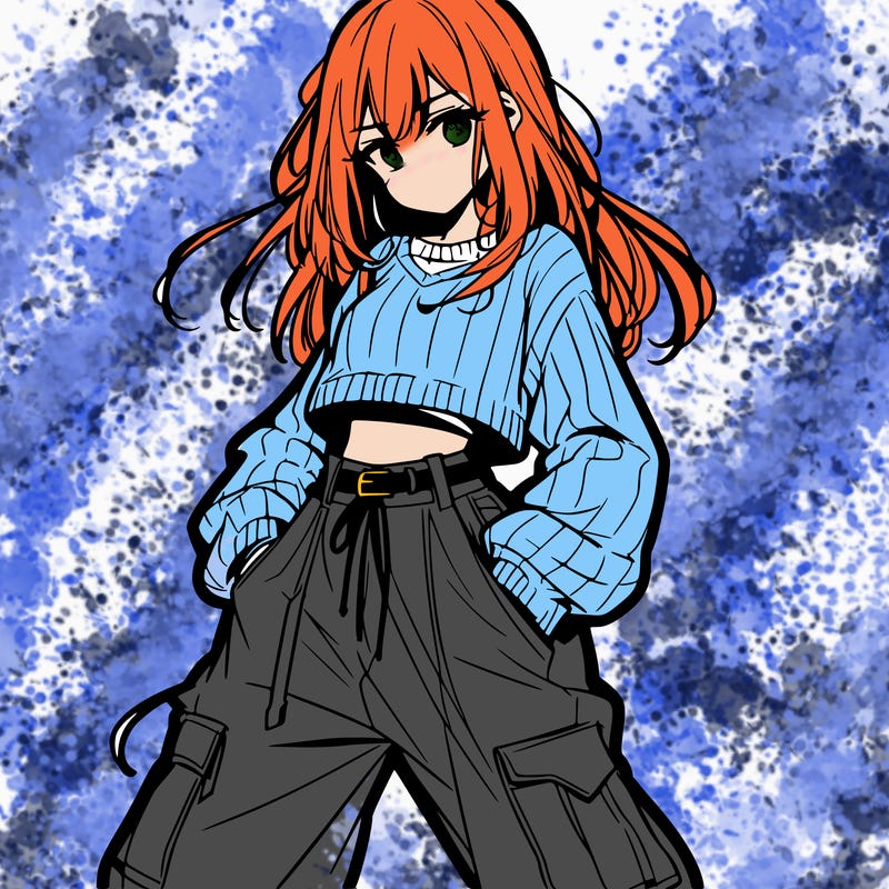 anime teen girl with baggy pants and crop top with sweater