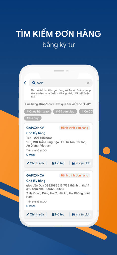 Screen showing the order search feature of the GHN logistics app with shipment details in Vietnam