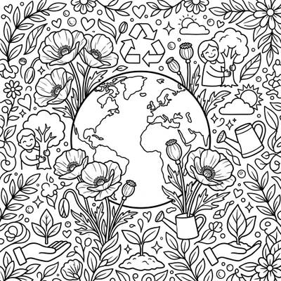 Immerse yourself in nature's beauty with this intricate Earth Day coloring page, showcasing vibrant yellow poppies and symbols of environmental care. Perfect for mindful coloring, it celebrates our planet and encourages a love for gardening and sustainability.