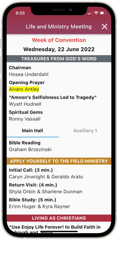 NW Publisher - Life and Ministry Meeting schedule showing congregational assignments in the NW Publisher app