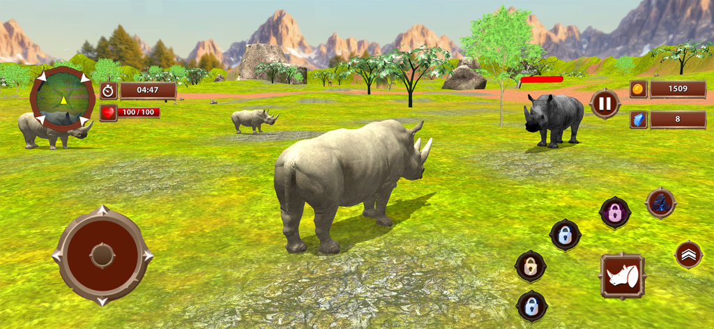 Virtual Wild Rhino Family Sim - Gameplay screenshot of Virtual Wild Rhino Family Sim showing a rhino in a 3D safari environment with game UI controls