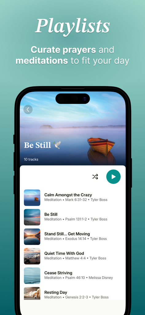 Abide: Bible Prayer Meditation - Una pantalla móvil que muestra listas de reproducción curadas de oración y meditación cristianas en la aplicación Abide.