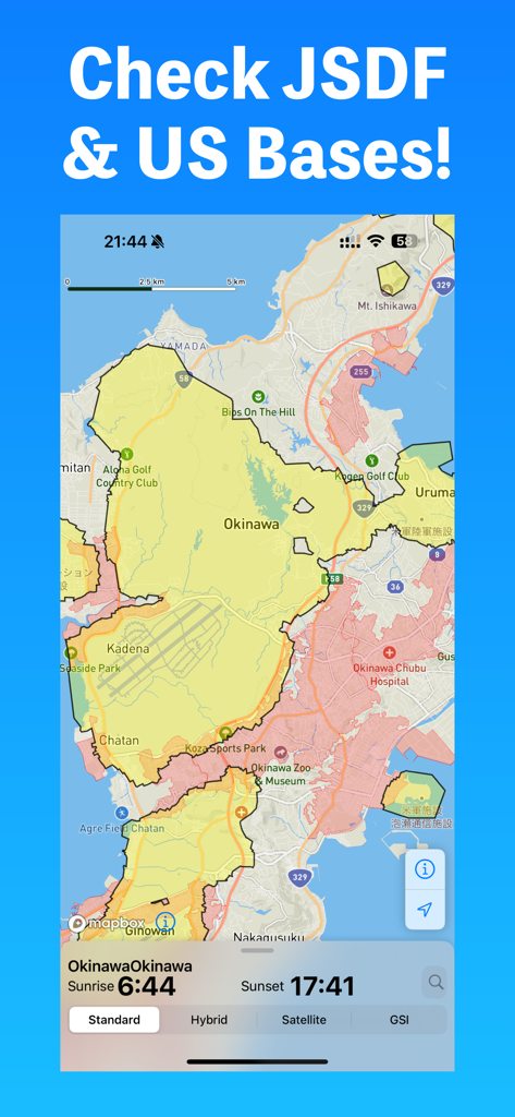 A map of Okinawa in the Drone Maps Japan app showing flight restriction zones around US military bases and local sunrise and sunset times.