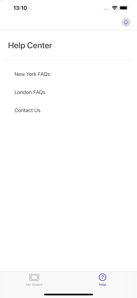 The Help Center screen of the TopView Redeem app featuring links to New York and London FAQs and a contact us option.