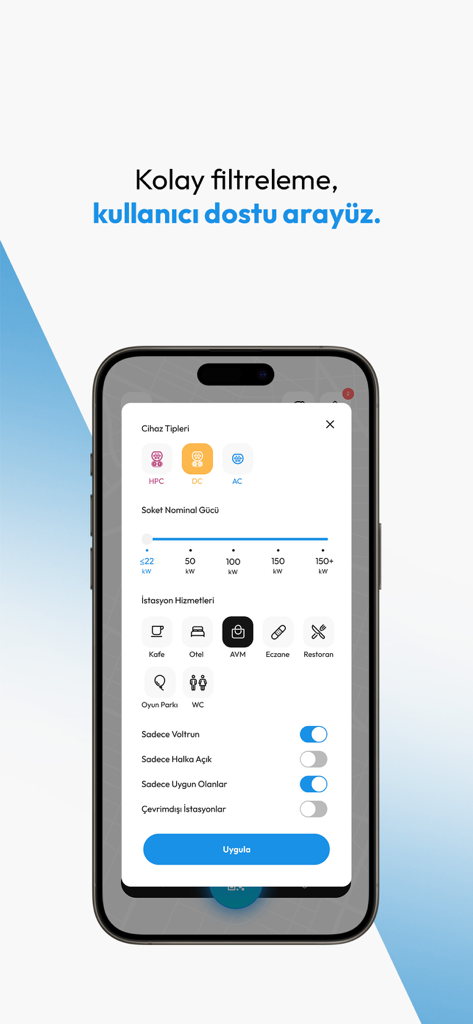 Voltrun - Smartphone displaying the Voltrun app filter menu for electric vehicle charging station types and nearby amenities.