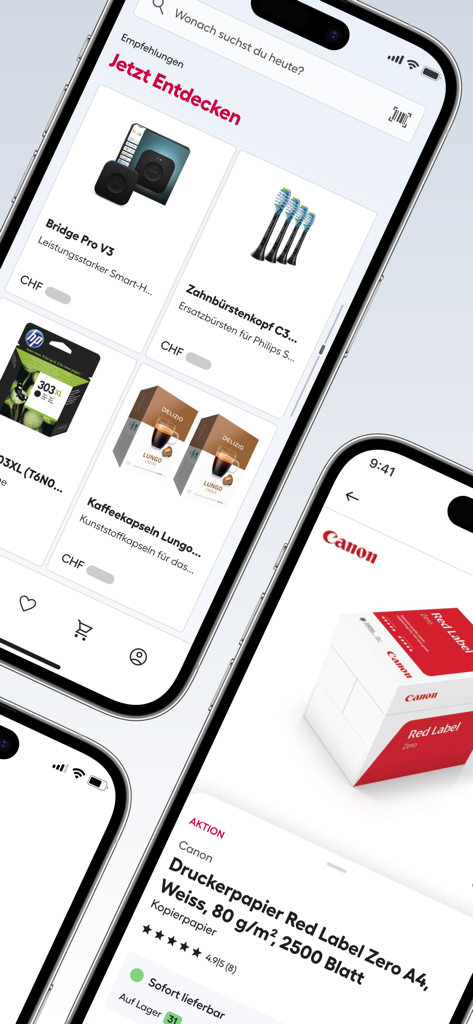 Brack mobile app screens showing diverse product categories from electronics to office supplies