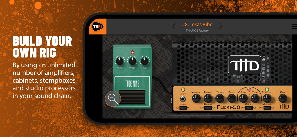 Overloud THU - Interfaz de la app móvil Overloud TH-U para construir rigs de guitarra personalizados con amplificadores y pedales.