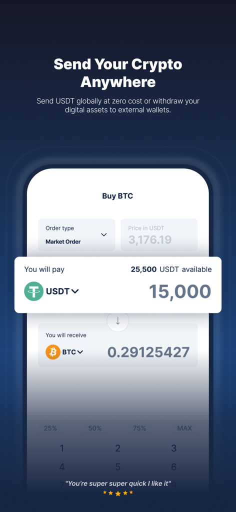 CoinMENA mobile app screen showing a market order to buy Bitcoin with USDT
