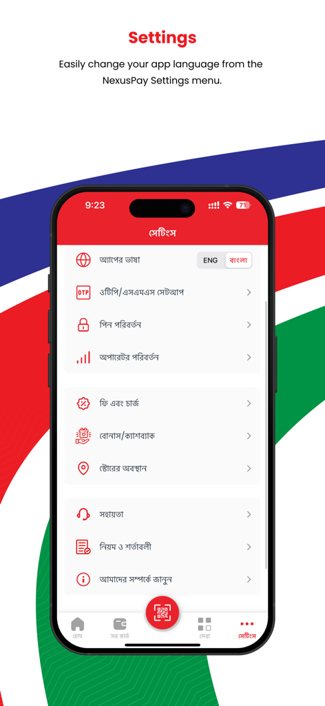 Menú de configuración de la aplicación móvil NexusPay que muestra opciones de configuración de idioma y seguridad