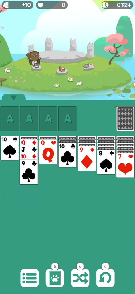 Solitaire Cat Paradise - Interfaccia classica del gioco di carte solitario con un santuario di isola di gatti cartoni animati sullo sfondo