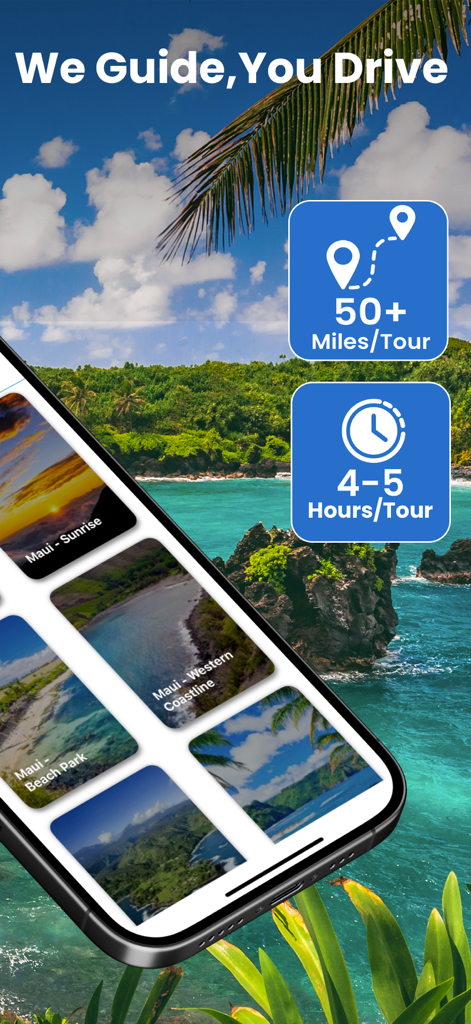 Road to Hana: Maui Audio Tours - Road to Hana Maui audio tour app interface highlighting self-guided driving features and tour duration