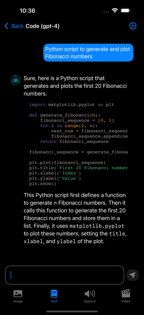 Interfaz de la aplicación Genesis AI mostrando una respuesta de chat de GPT-4 con un script de Python y resaltado de sintaxis.