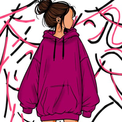 realistic girl with a oversized sweatshirt on and a bun