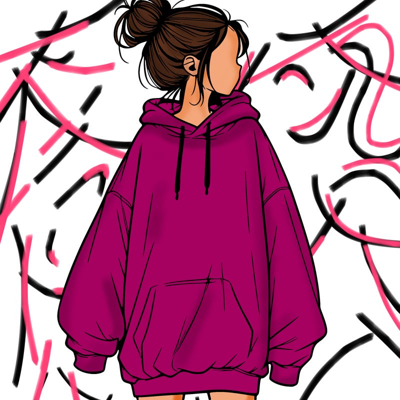realistic girl with a oversized sweatshirt on and a bun