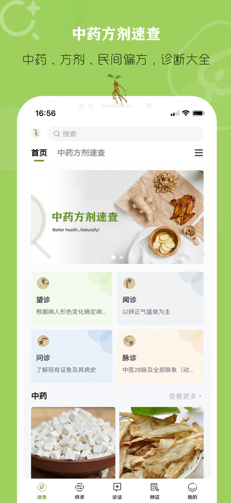 中药方剂速查 -【专业版】中医药查询宝典 - Pantalla de inicio de la aplicación profesional Búsqueda Rápida de Fórmulas de MTC que presenta métodos de diagnóstico de medicina china y referencia de hierbas.