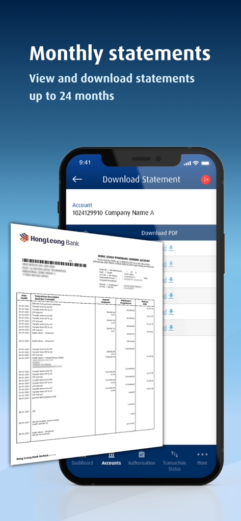 HLB ConnectFirst - HLB ConnectFirst app interface showing the feature to view and download up to 24 months of business bank statements