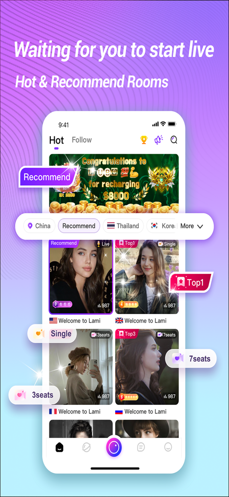 Lami Live app interface showing hot and recommended live stream rooms with various hosts and seat options