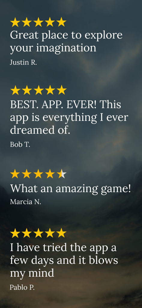 Four positive user testimonials with high star ratings for the StoryZone AI RPG app.