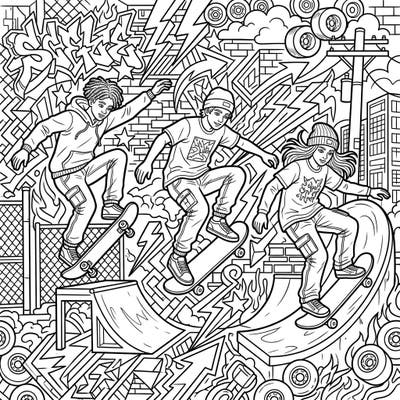 Dive into the exciting world of skateboarding with this energetic coloring page featuring three teenagers performing cool tricks. The intricate urban background offers a rich canvas for creative expression, blending street art with dynamic action.