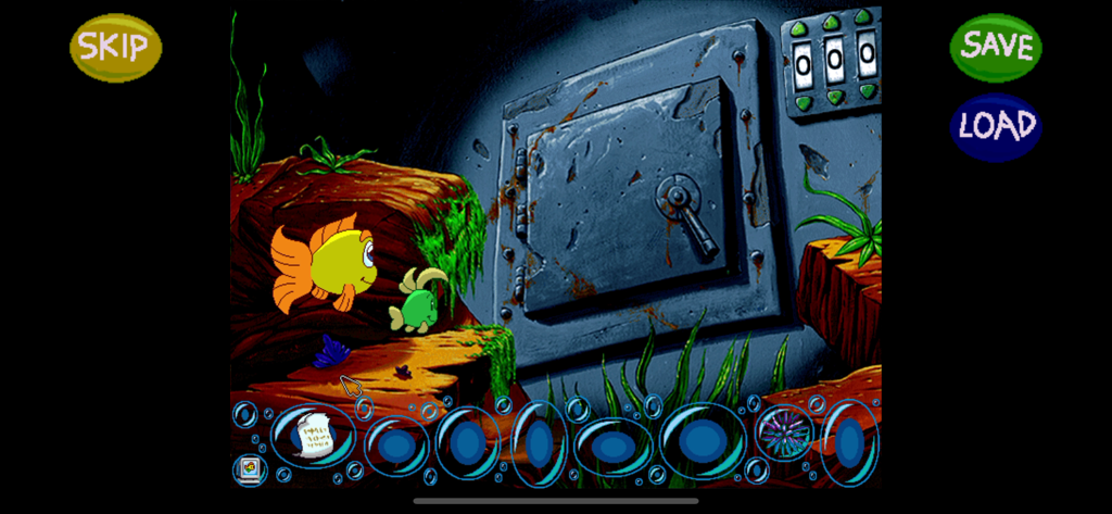 Freddi Fish and Luther in front of a locked metal vault door with a three-digit combination lock.