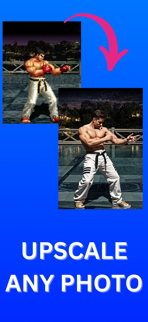 Upscale AI: HD Photo Enhancer - Uma comparação mostrando uma imagem pixelada de baixa resolução transformada em uma foto nítida de alta definição usando aprimoramento de IA