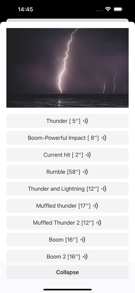 SoundHub - No Ads - Interface of SoundHub app displaying a variety of thunder and lightning sound options