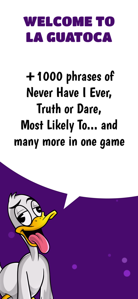Welcome screen for La Guatoca app featuring a funny duck mascot and a description of party game modes