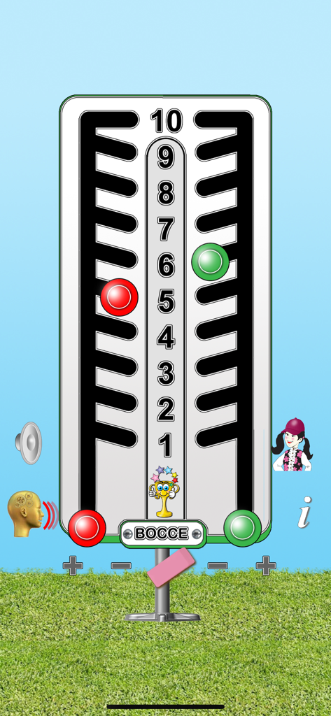 Bocce Scoreboard Deluxe - Digital bocce scoreboard displaying red and green team scores over a grassy field background.