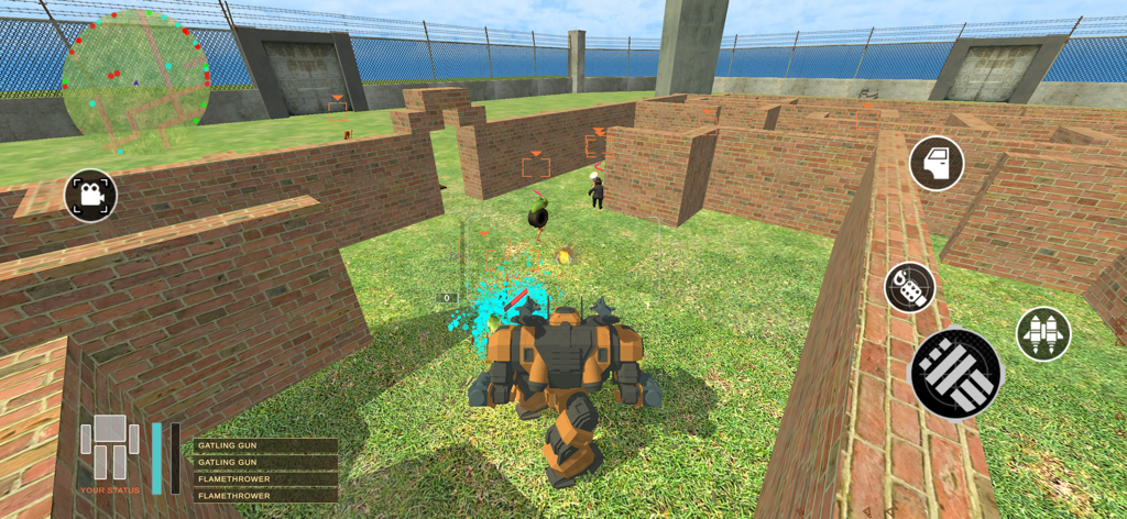 Survival in Brainrot: Shooter - Vista de juego de disparos en tercera persona de un robot "mech" naranja en un laberinto de ladrillos rodeado de personajes de memes