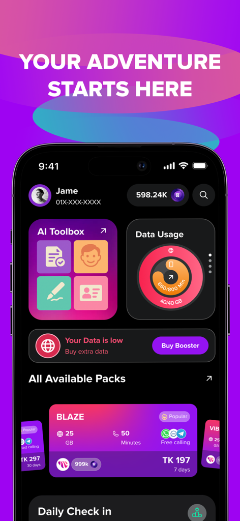 RYZE Bangladesh - AIツールボックスとデータ使用状況の追跡機能を備えたRYZE Bangladeshアプリのダッシュボード