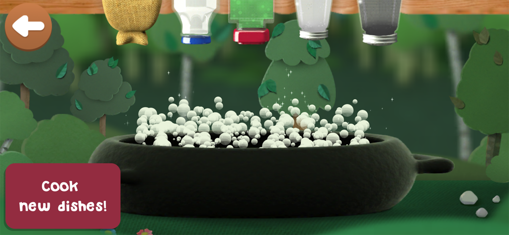A cooking activity in the Grow Forest app showing a bubbling cauldron and ingredients hanging in a forest