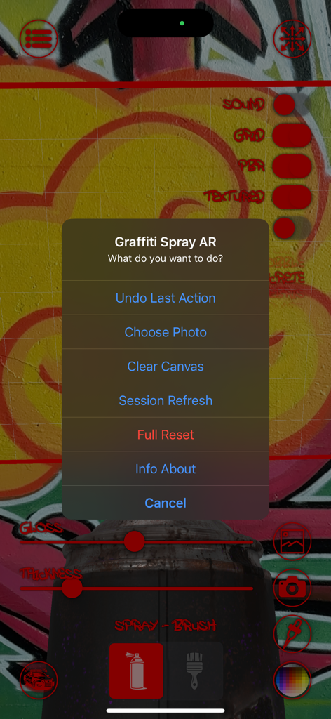 Graffiti Spray AR - Graffiti Spray AR app menu showing options like Undo Clear Canvas and Session Refresh over a digital street art piece