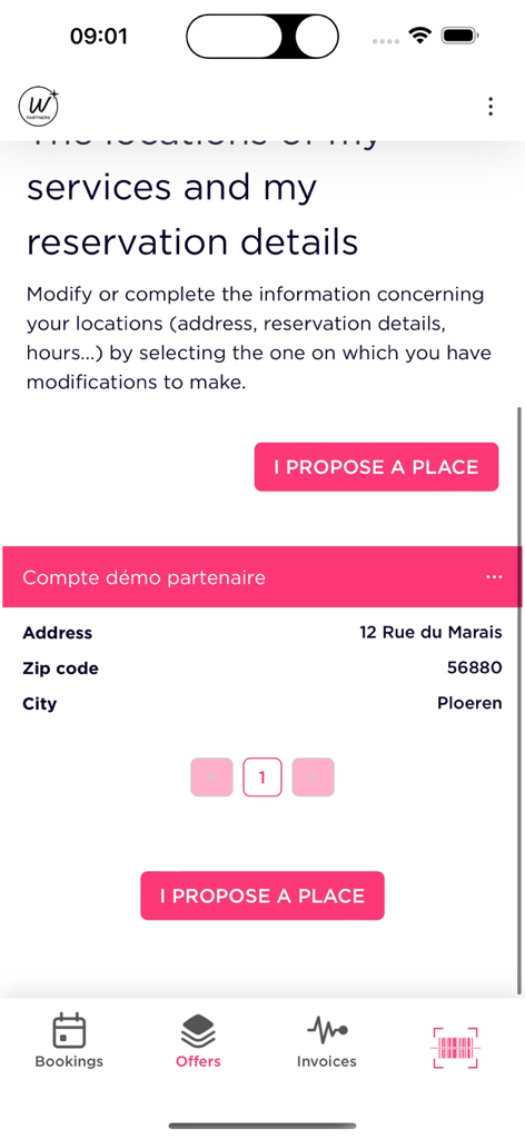 Wonderbox Partners - Interface de l'application Partenaires Wonderbox montrant la gestion des détails de localisation et de services