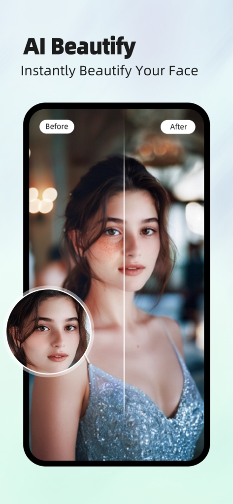Linpo: Photo Dance & AI Filter - AI Beautify feature in Linpo app showing a before and after comparison of facial retouching