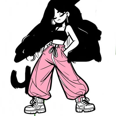 girl in baggy pants crop top and long hair