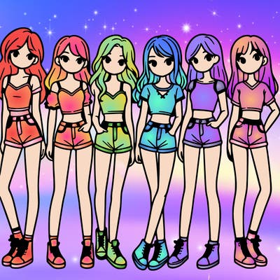 a group of girls wearing crop tops and shorts
