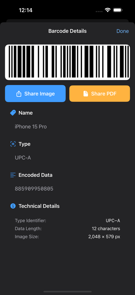 Barcodes Generator Unlimited - Screen displaying detailed information for a generated UPC-A barcode including encoded data and sharing options for image and PDF
