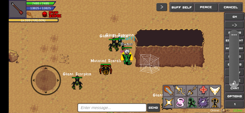 Delta Mmorpg - 델타 MMORPG 게임 플레이로, 2D 픽셀 아트 그래픽과 사막 환경에서 몬스터와의 전투를 특징으로 합니다.