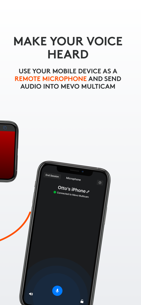 Logitech Mevo Go 앱 인터페이스에서 스마트폰을 멀티캠 제작을 위한 원격 마이크로 사용