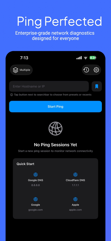 Ping – Network Tools - The main dashboard of Ping Network Tools app featuring a ping test input and quick start options for DNS and common domains.