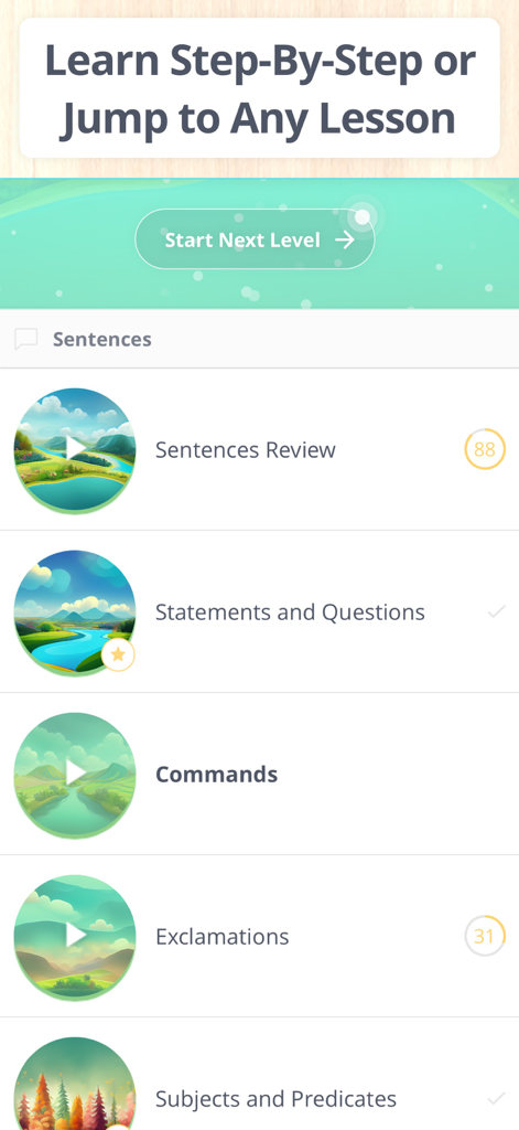 Learn Grammar 3rd Grade - Interface showing the 3rd grade grammar lesson list with topics like sentences, commands, and exclamations.