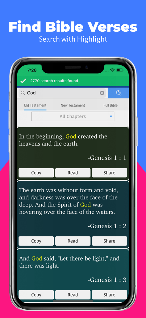 Red Letters King James Version - Search results screen in the Red Letters KJV Bible app showing highlighted verses from Genesis.