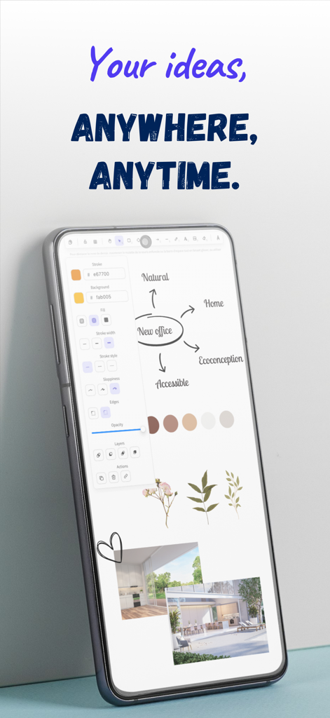 Whiteboard Pro - Collaborative - Whiteboard Pro app interface on a smartphone screen showing a mind map for a new office design and creative editing tools