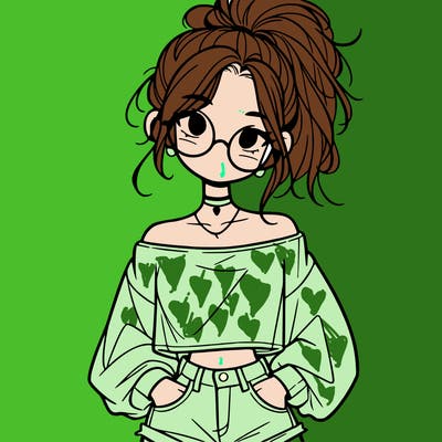 girl with a messy ponytail glasses a baggy crop top and jean shorts