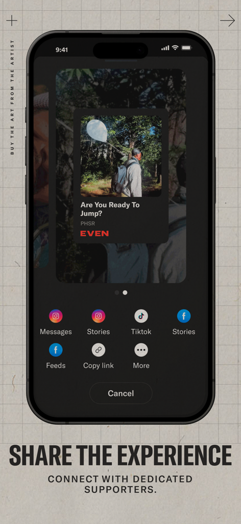 Écran mobile montrant les options de partage sur les réseaux sociaux pour le contenu musical exclusif sur l'application EVEN