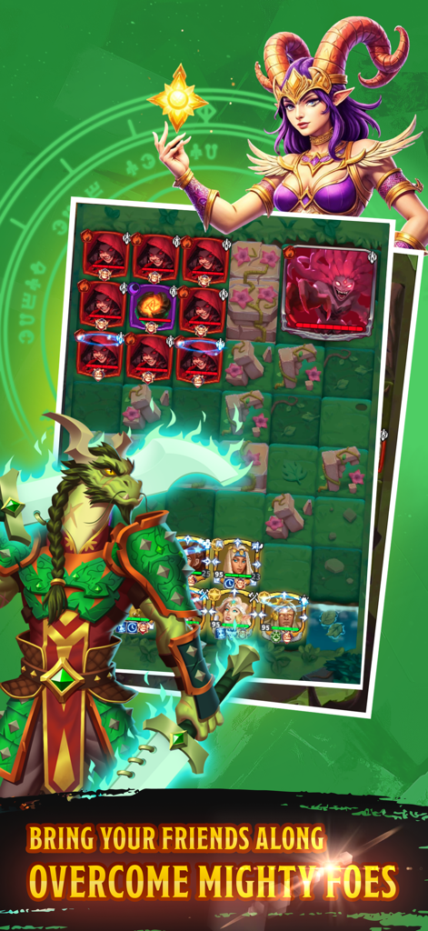 Friends & Dragons - Puzzle RPG - Tactical RPG gameplay screen featuring fantasy heroes and a dragon warrior against mighty foes.