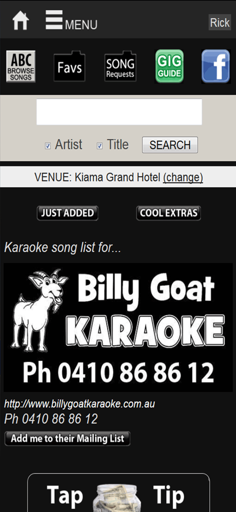 SongbookDB app screen showing search options favorite songs and karaoke request features