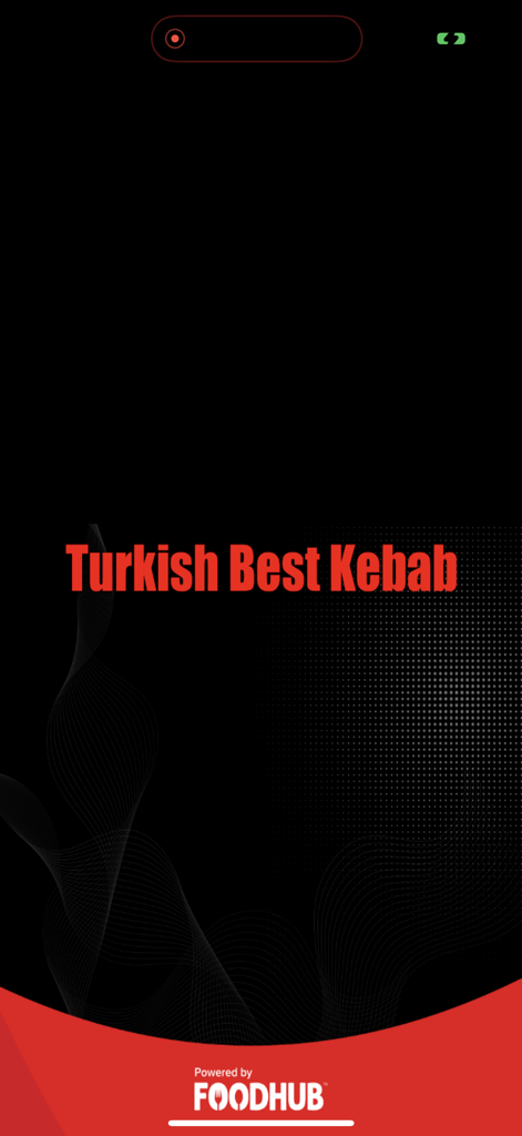 Écran de démarrage de l'application mobile Turkish Best Kebab avec le nom du restaurant et le logo Foodhub sur fond sombre